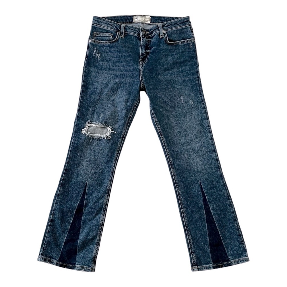 Free People Womens Boho Distressed Mid Rise Blue Jeans Straight Leg Crop Sz 28